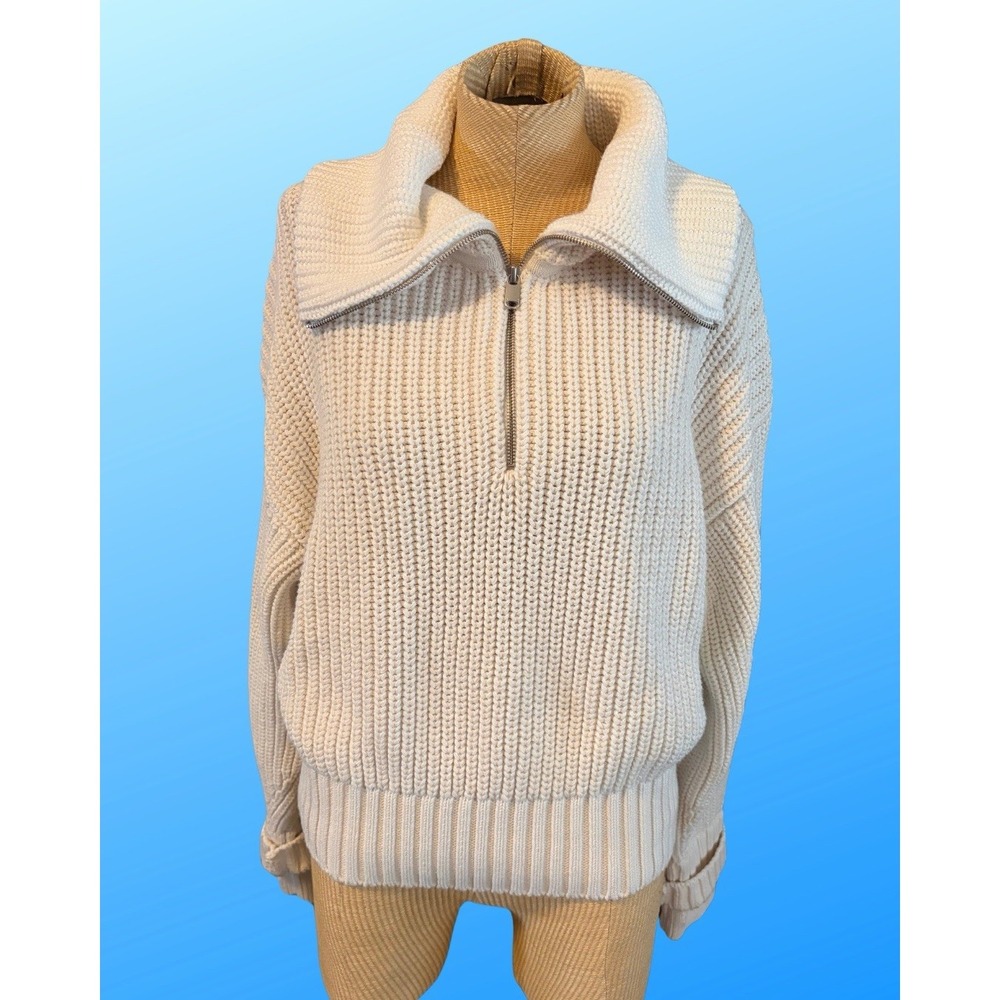 Athleta Alder Rib Knit Sweater Women's XL Half Zip Chunky Pullover Cotton Ivory